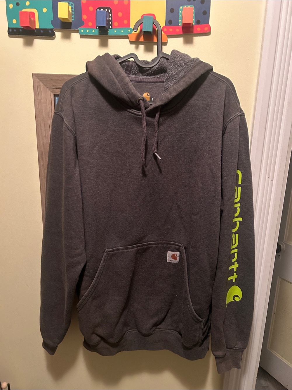 Carhartt Charcoal Hoodie with Neon Yellow Sleeve Logo